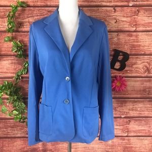 Talbots Blazer Jacket Large Blue Ponte Knit Jersey Stretch Pockets Casual Career